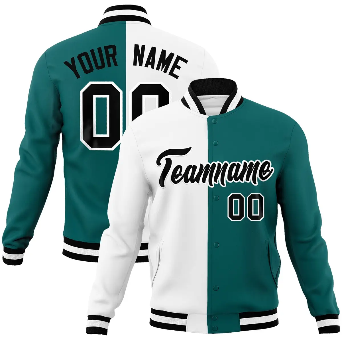 White Aqua Black Two Tone Split Varsity Full-Snap Letterman Jacket