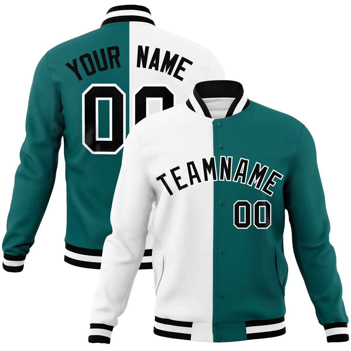 White Aqua Black Two Tone Split Varsity Full-Snap Letterman Jacket