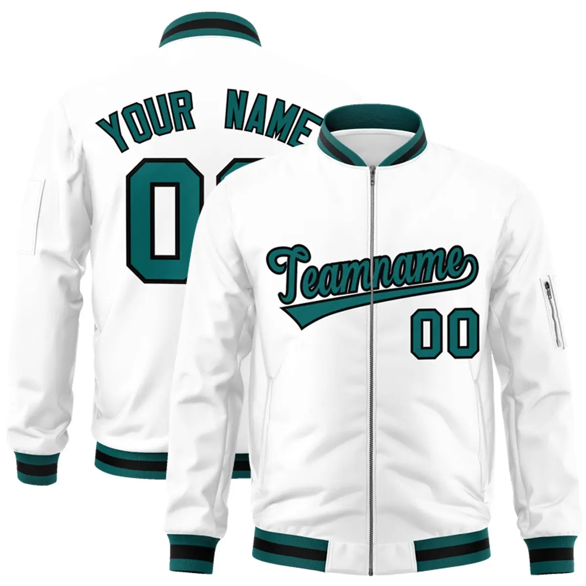 White Aqua-Black Varsity Full-Zip Letterman Bomber Jacket