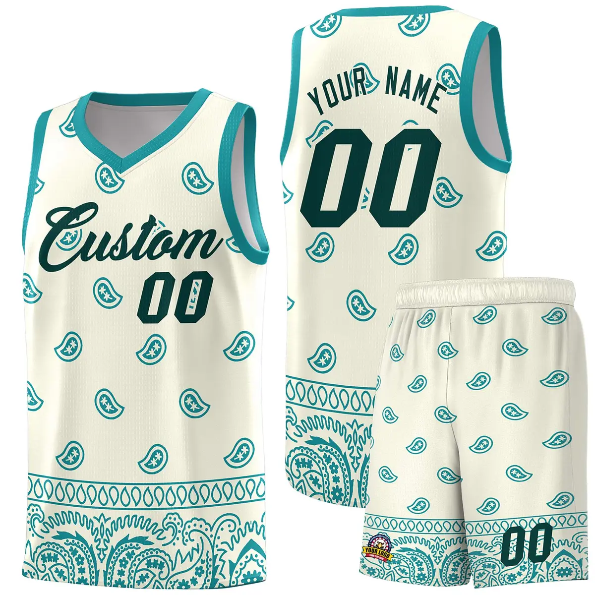 White Aqua Cashew Pattern Sports Basketball Jersey
