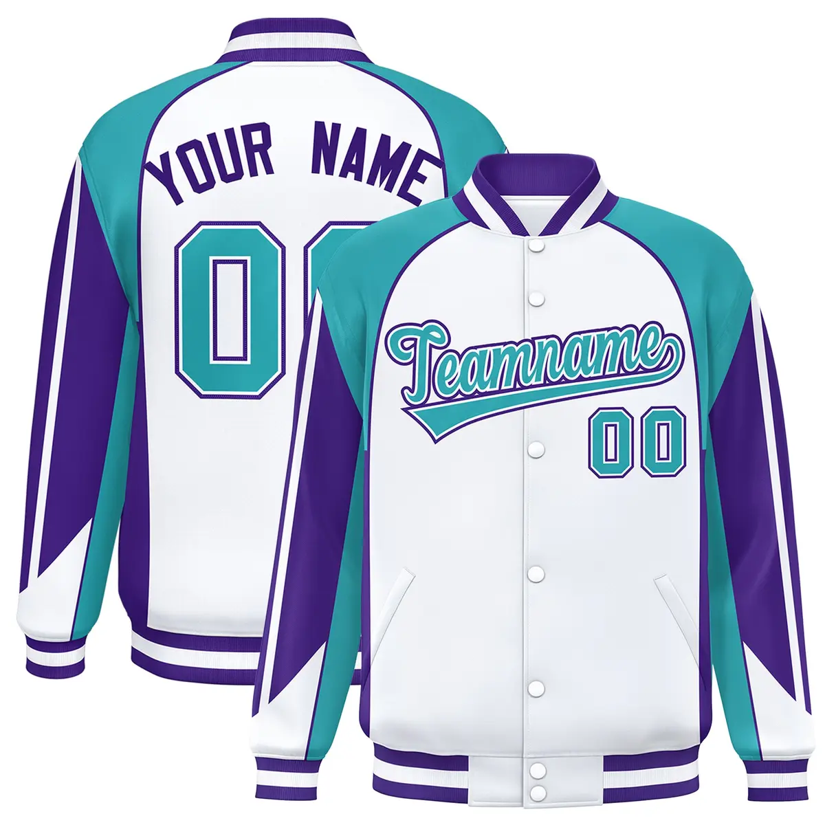 White Aqua Color Block Varsity Raglan Letterman Jacket