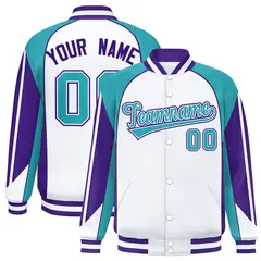 White Aqua Color Block Varsity Raglan Letterman Jacket