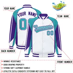 White Aqua Color Block Varsity Raglan Letterman Jacket 2