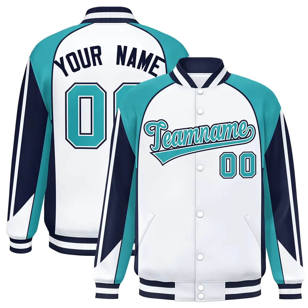 White Aqua Color Block Varsity Raglan Letterman Jacket