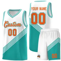 White Aqua Diagonal Stripes Color Block Basketball Jersey 1