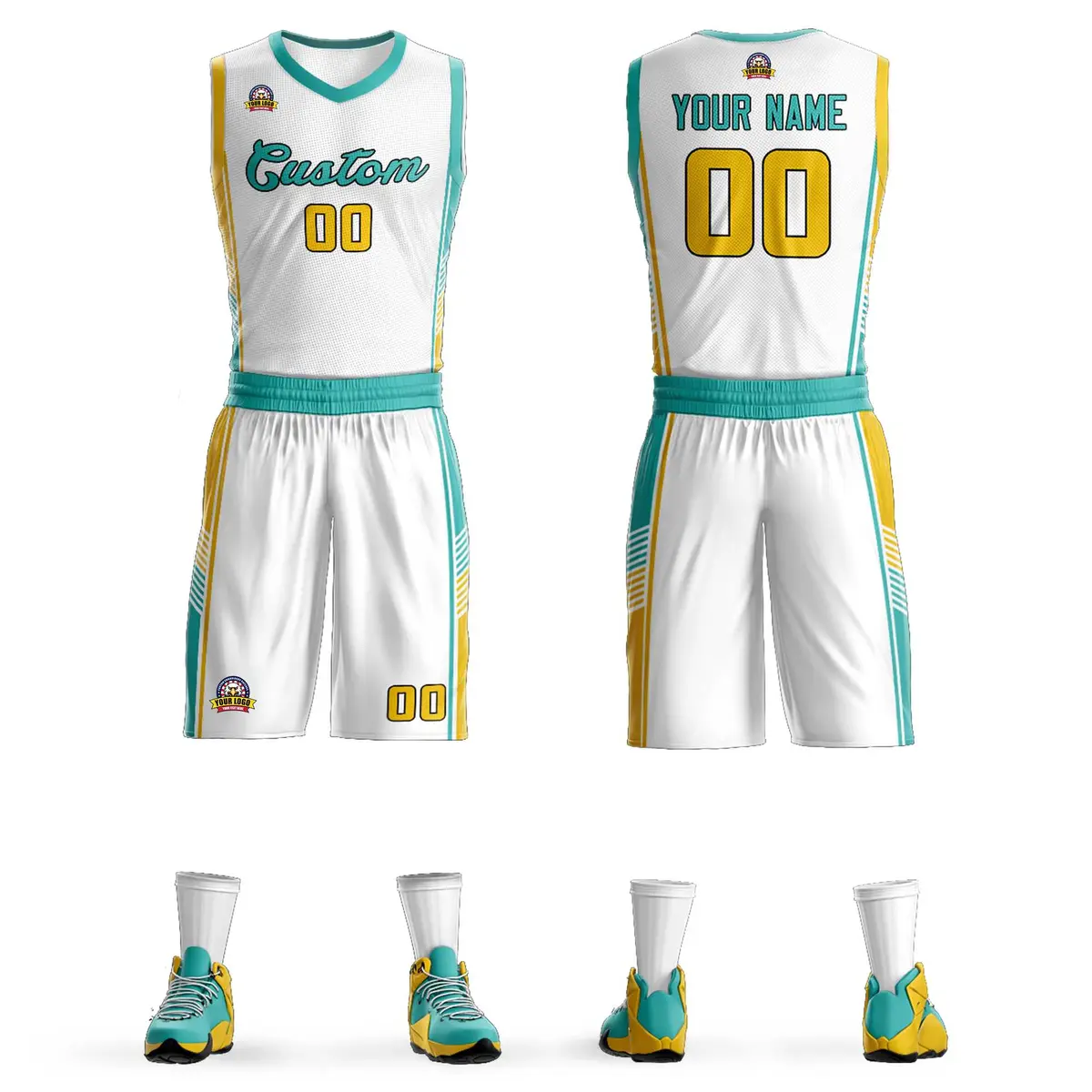 White Aqua-Gold Classic Sets Basketball Jersey
