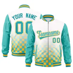 White Aqua-Gold Grid Color Block Letterman Raglan Full-Zip Varsity Jacket