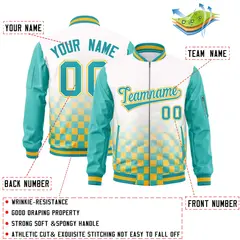 White Aqua-Gold Grid Color Block Letterman Raglan Full-Zip Varsity Jacket 2