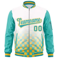 White Aqua-Gold Grid Color Block Letterman Raglan Full-Zip Varsity Jacket 3