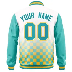 White Aqua-Gold Grid Color Block Letterman Raglan Full-Zip Varsity Jacket 4