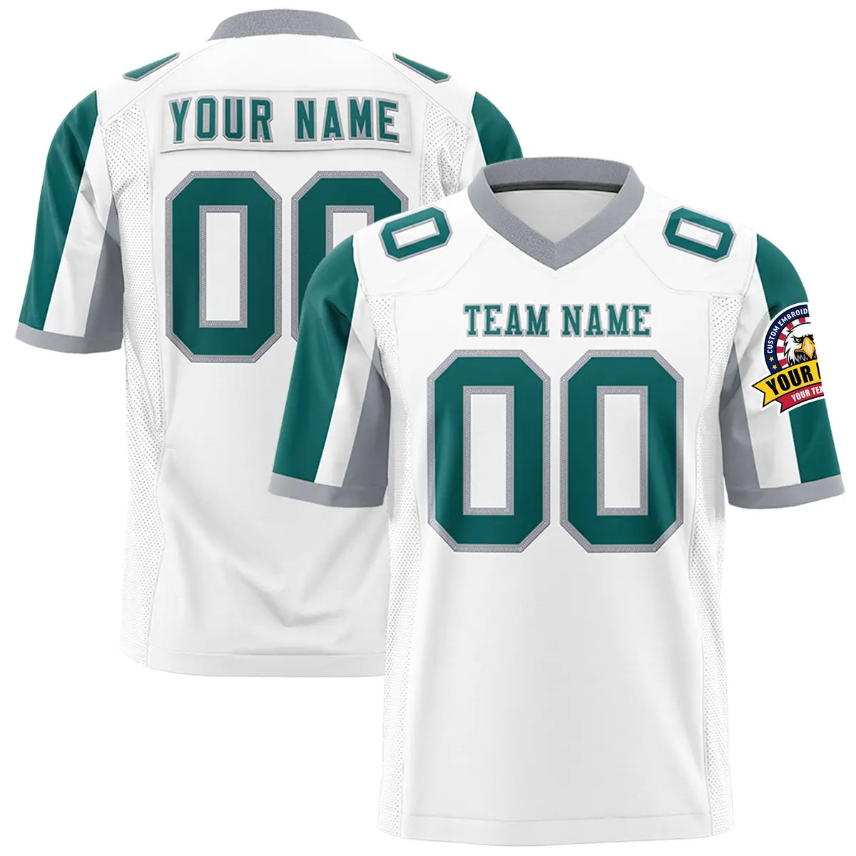 White Aqua-Gray Color Block Raglan Sleeves Football Jersey