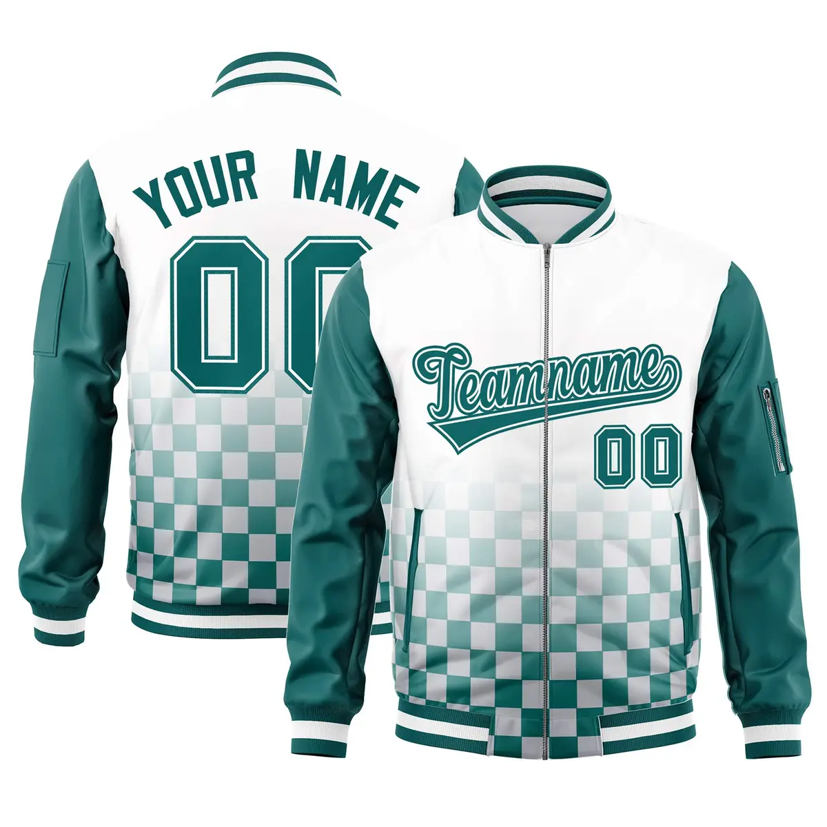 White Aqua Grid Color Block Letterman Raglan Full-Zip Varsity Jacket