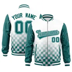 White Aqua Grid Color Block Letterman Raglan Full-Zip Varsity Jacket