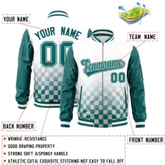 White Aqua Grid Color Block Letterman Raglan Full-Zip Varsity Jacket 2