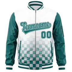 White Aqua Grid Color Block Letterman Raglan Full-Zip Varsity Jacket 3