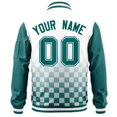 White Aqua Grid Color Block Letterman Raglan Full-Zip Varsity Jacket 4