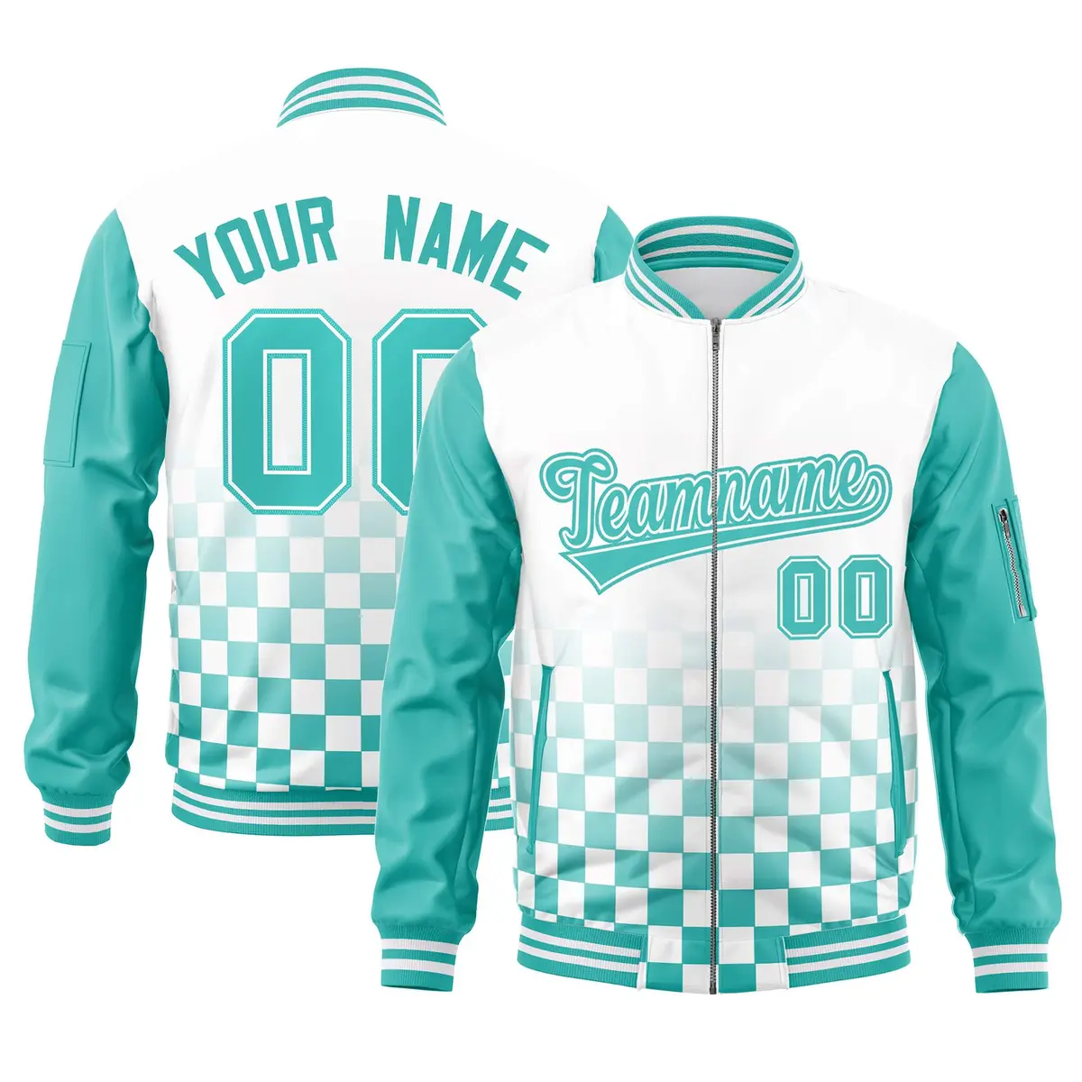White Aqua Grid Color Block Letterman Raglan Full-Zip Varsity Jacket