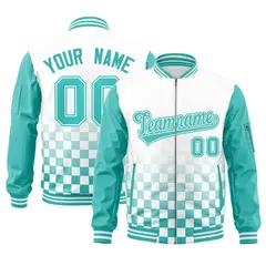 White Aqua Grid Color Block Letterman Raglan Full-Zip Varsity Jacket