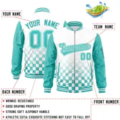 White Aqua Grid Color Block Letterman Raglan Full-Zip Varsity Jacket 2