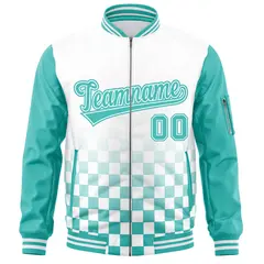 White Aqua Grid Color Block Letterman Raglan Full-Zip Varsity Jacket 3