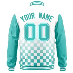 White Aqua Grid Color Block Letterman Raglan Full-Zip Varsity Jacket 4