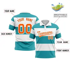 White-Aqua Horizontal Stripe Performance Polo Shirt 2