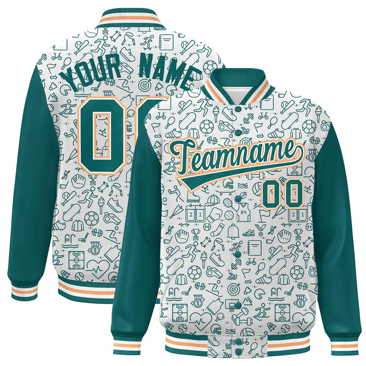 White Aqua Line Graffiti Pattern Varsity Raglan Letterman Jacket
