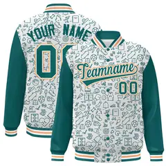 White Aqua Line Graffiti Pattern Varsity Raglan Letterman Jacket