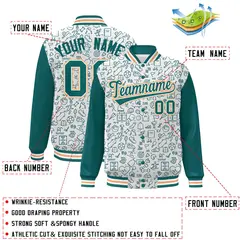 White Aqua Line Graffiti Pattern Varsity Raglan Letterman Jacket 2