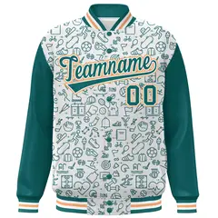 White Aqua Line Graffiti Pattern Varsity Raglan Letterman Jacket 3