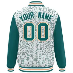 White Aqua Line Graffiti Pattern Varsity Raglan Letterman Jacket 4