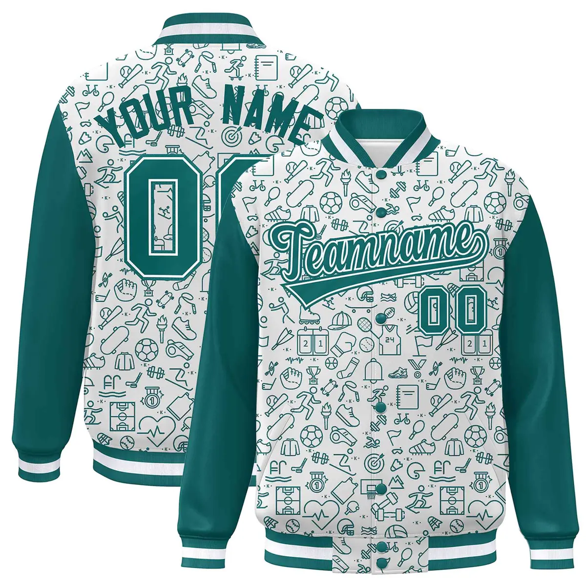 White Aqua Line Graffiti Pattern Varsity Raglan Letterman Jacket