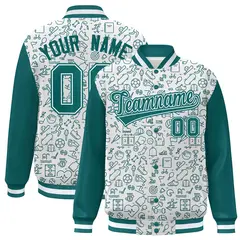 White Aqua Line Graffiti Pattern Varsity Raglan Letterman Jacket