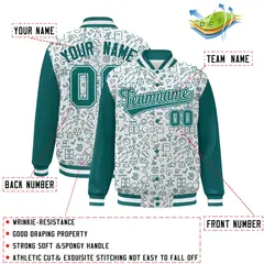 White Aqua Line Graffiti Pattern Varsity Raglan Letterman Jacket 2