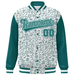 White Aqua Line Graffiti Pattern Varsity Raglan Letterman Jacket 3