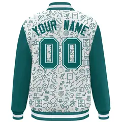 White Aqua Line Graffiti Pattern Varsity Raglan Letterman Jacket 4
