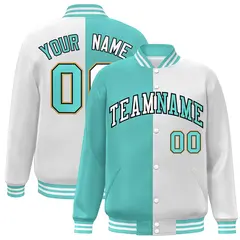 White Aqua-Navy Split Two Tone Letterman Varsity Full-Snap Jacket 1