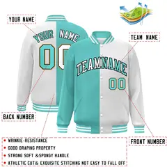 White Aqua-Navy Split Two Tone Letterman Varsity Full-Snap Jacket 2