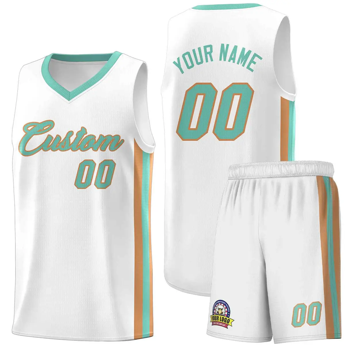 White Aqua-Old Gold Classic Basketball Jersey Set