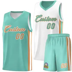 White Aqua-Old Gold Double Side Men Basketball Jersey