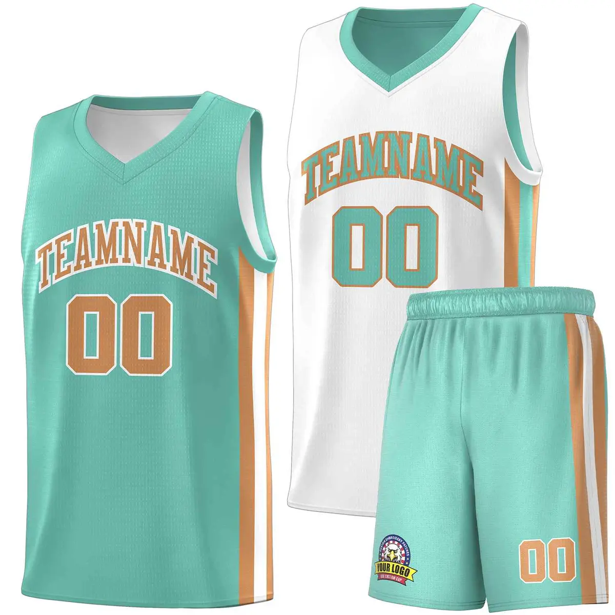 White Aqua-Old Gold Double Side Men Basketball Jersey