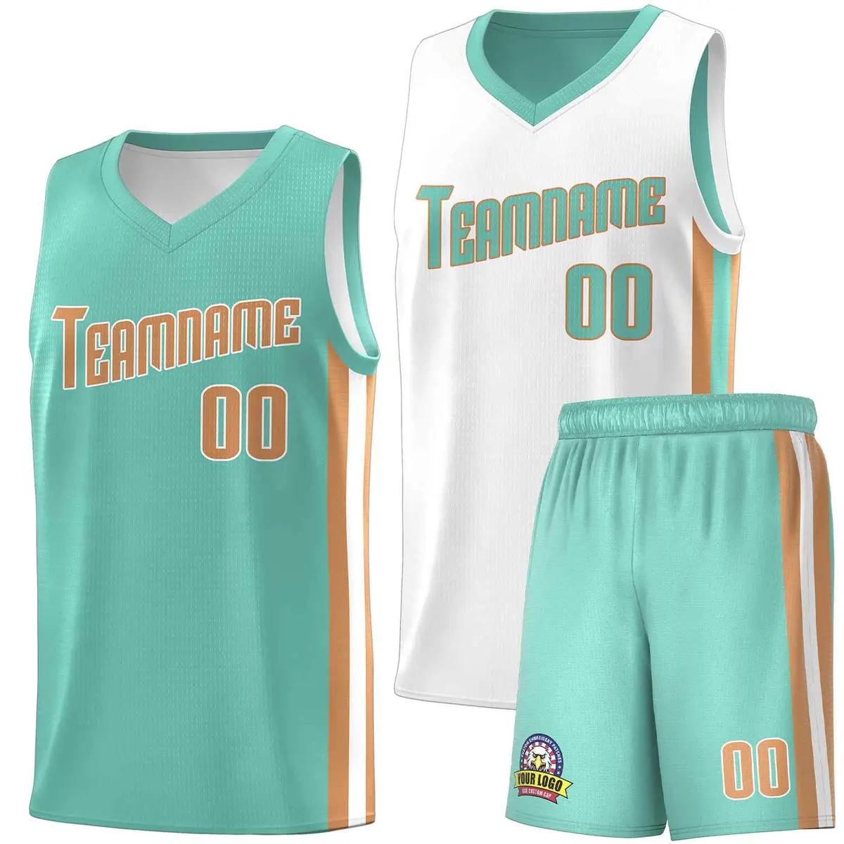 White Aqua-Old Gold Double Side Men Basketball Jersey