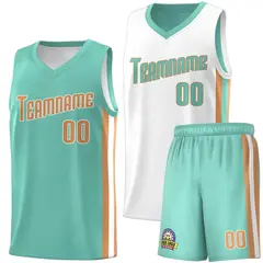 White Aqua-Old Gold Double Side Men Basketball Jersey