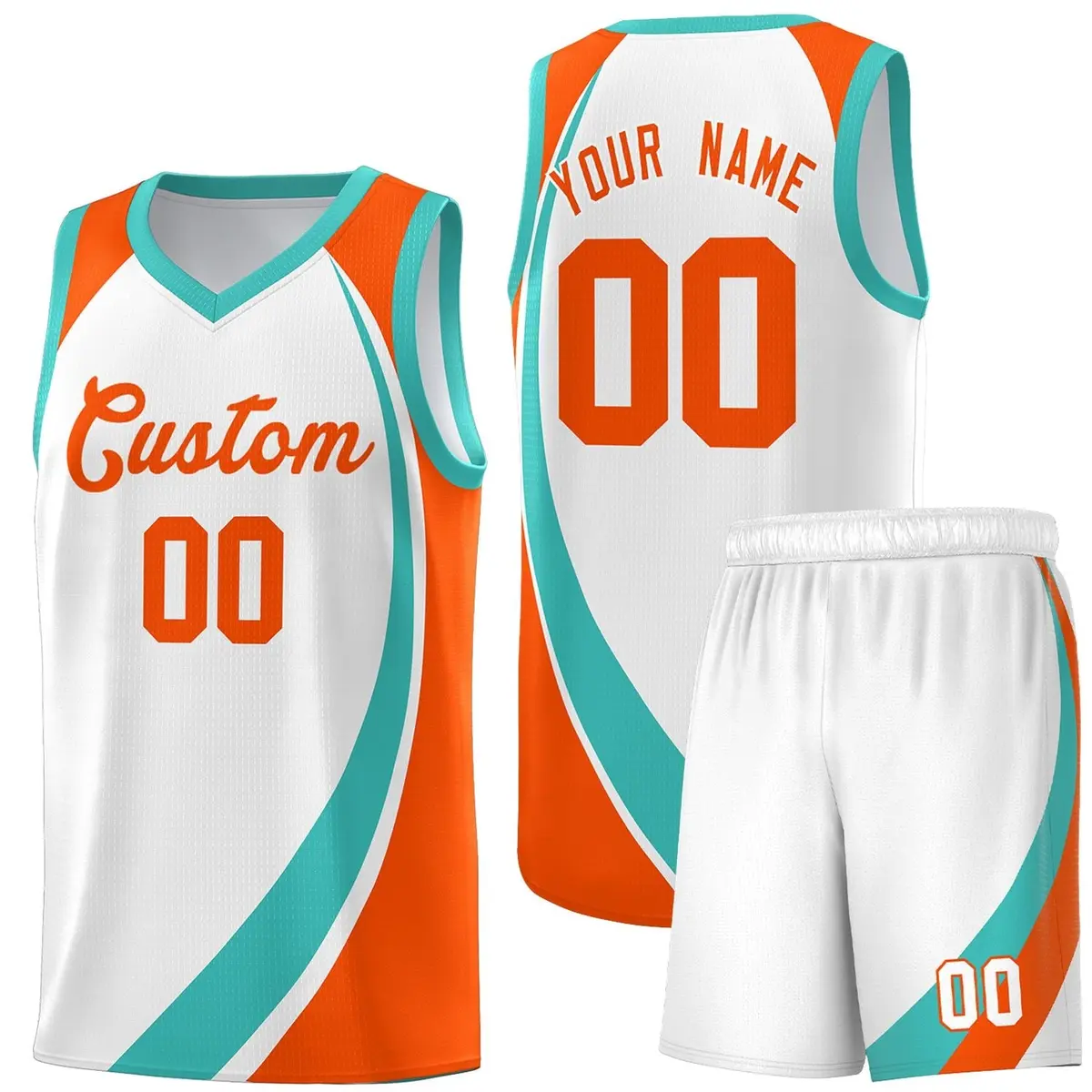 White Aqua-Orange Color Block Basketball Team Jersey