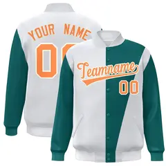 White Aqua-Orange Color Block Varsity Full-Snap Bomber Jacket