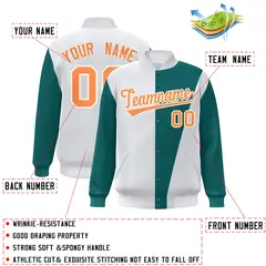 White Aqua-Orange Color Block Varsity Full-Snap Bomber Jacket 2