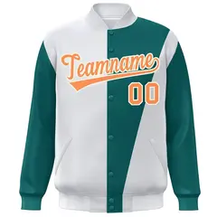 White Aqua-Orange Color Block Varsity Full-Snap Bomber Jacket 3