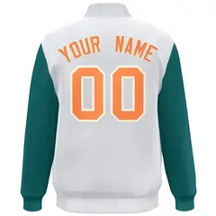 White Aqua-Orange Color Block Varsity Full-Snap Bomber Jacket 4