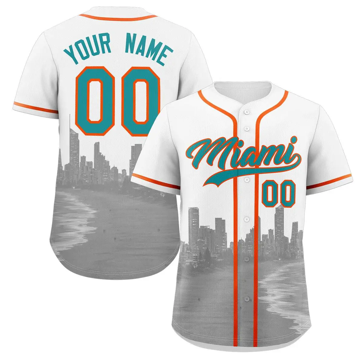 White Aqua Orange Miami City Skyline Baseball Jersey