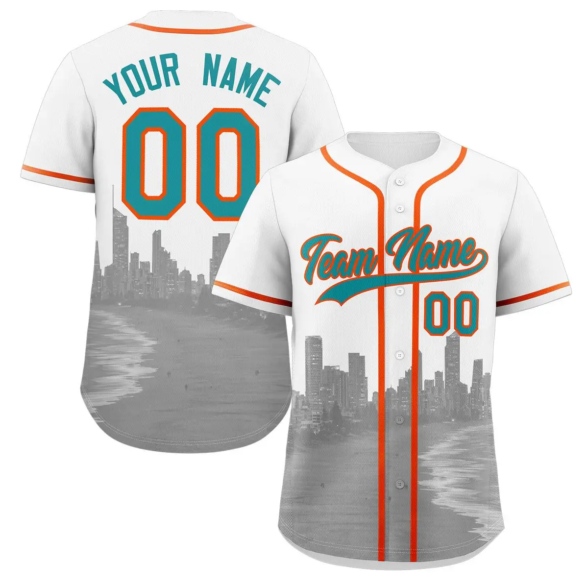 White Aqua Orange Miami City Skyline Baseball Jersey